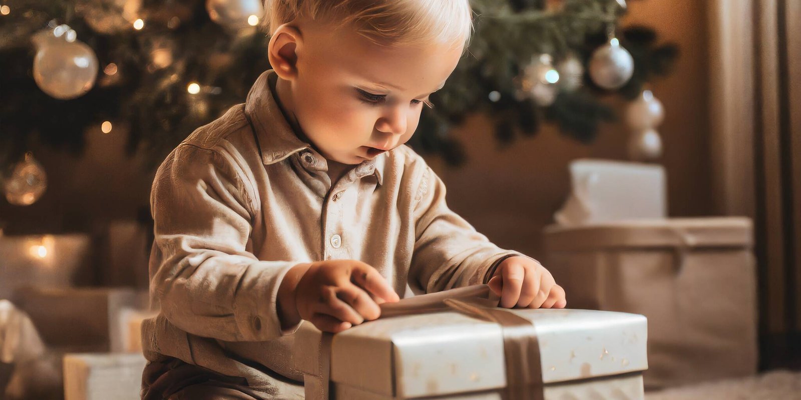 Firefly bebe en train douvrir un cadeau dans une belle chambre beige et marron sous un sapin de noe uai